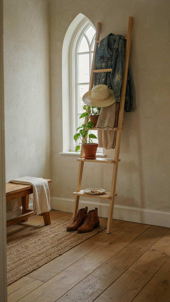 A narrow ladder shelf in the corner of a small cottage entryway.