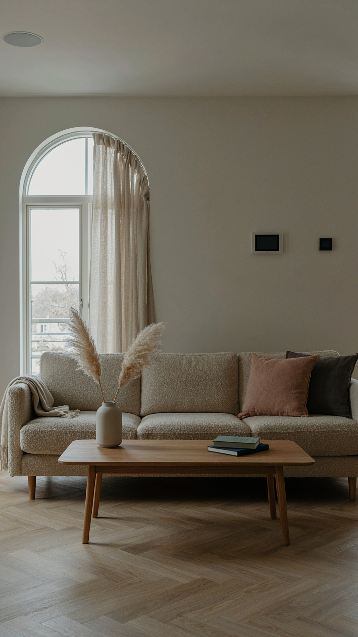 A minimalist living room with a low-profile sofa and recessed ceiling speakers.