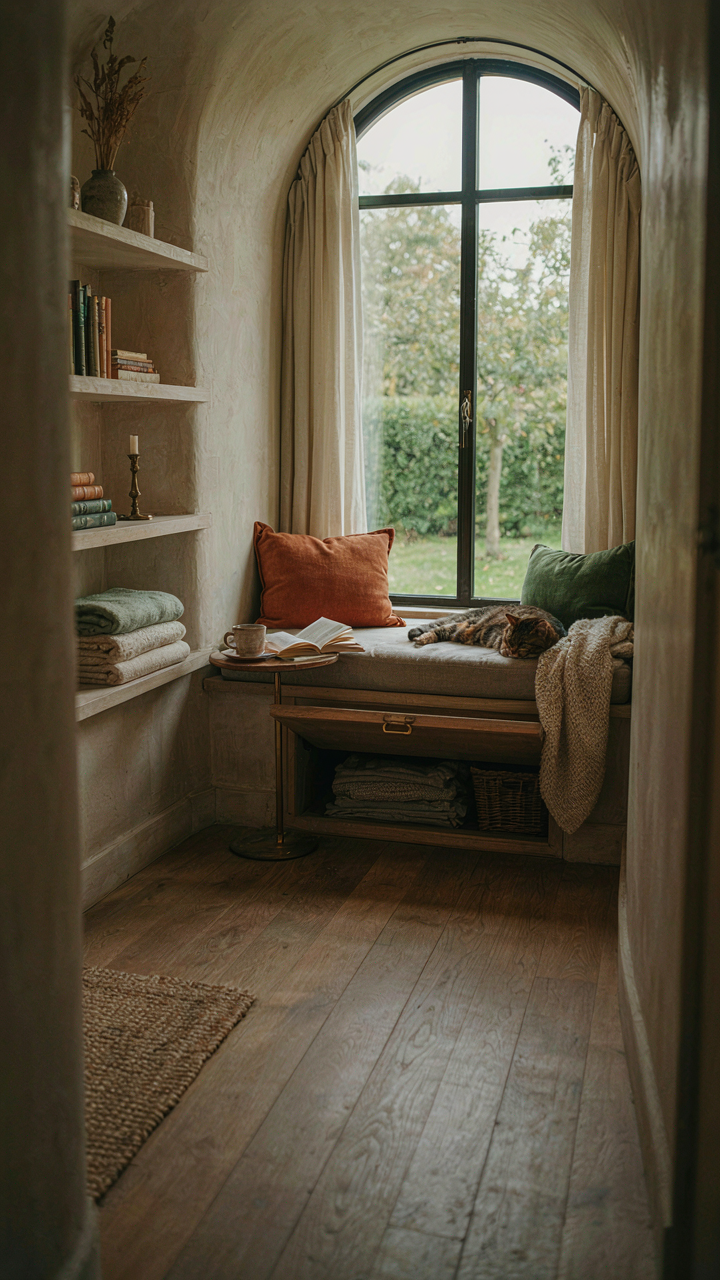 A compact storybook cottage interior with built-in storage and curved walls.