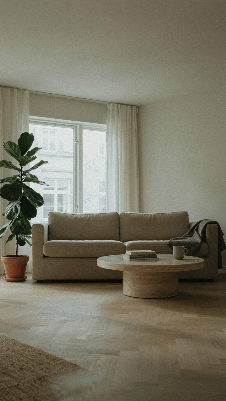 A minimalist living room with clean lines, essential furniture, and natural light.