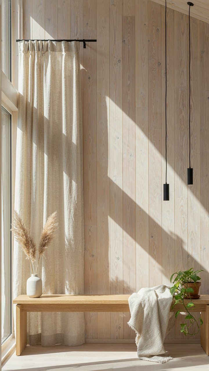Sunlight streams through a linen curtain, casting patterns on a light wood wall.