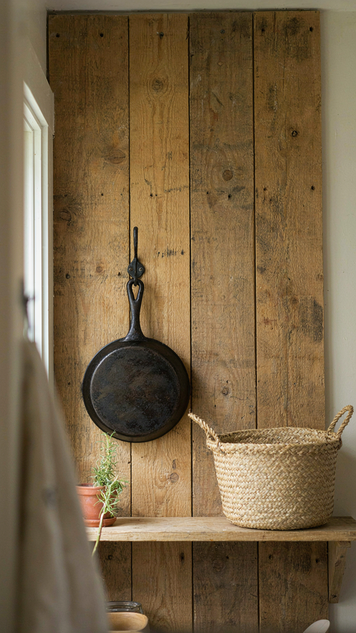 A cast iron skillet hangs on a wood wall, next to an empty decorative basket.