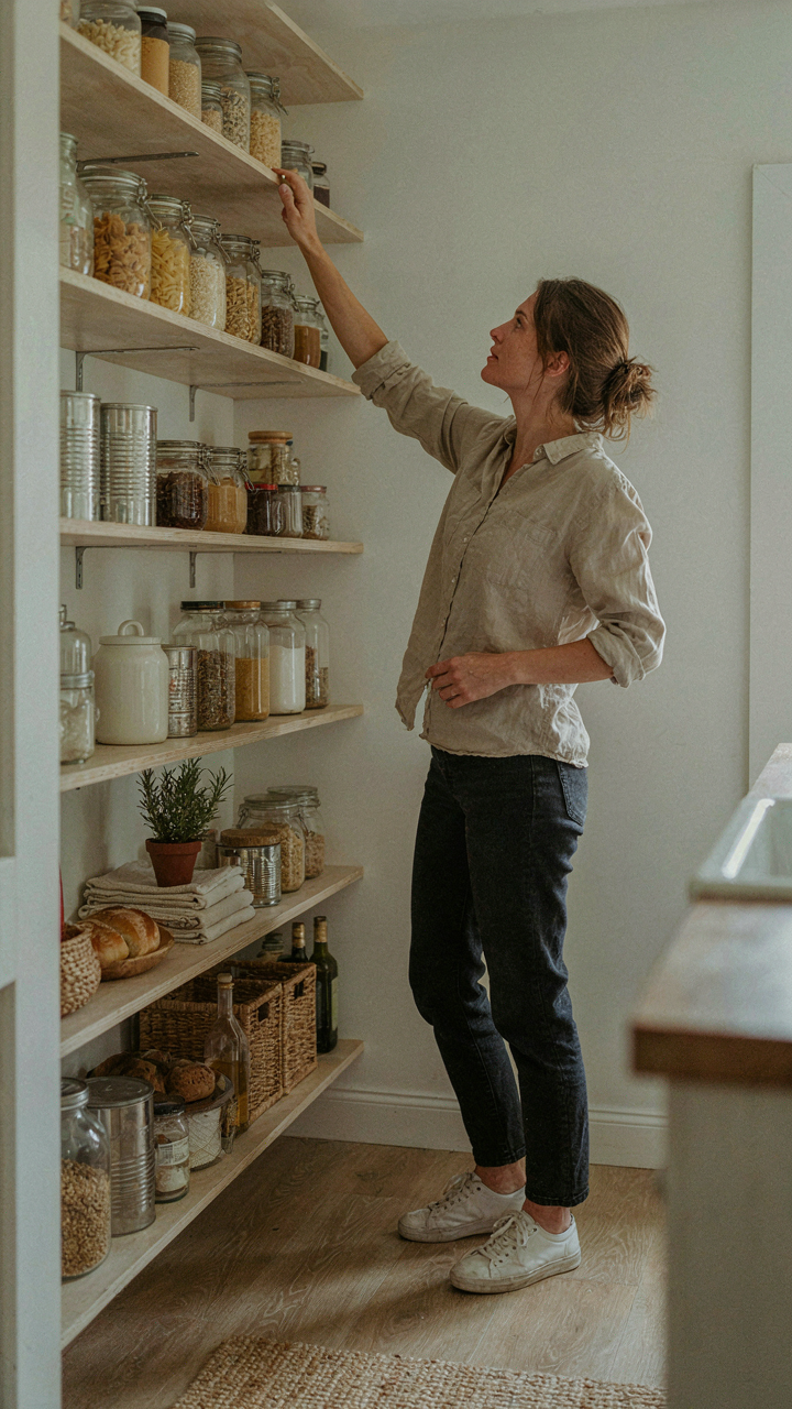 A neatly organized built-in pantry uses vertical space in a cottage kitchen.