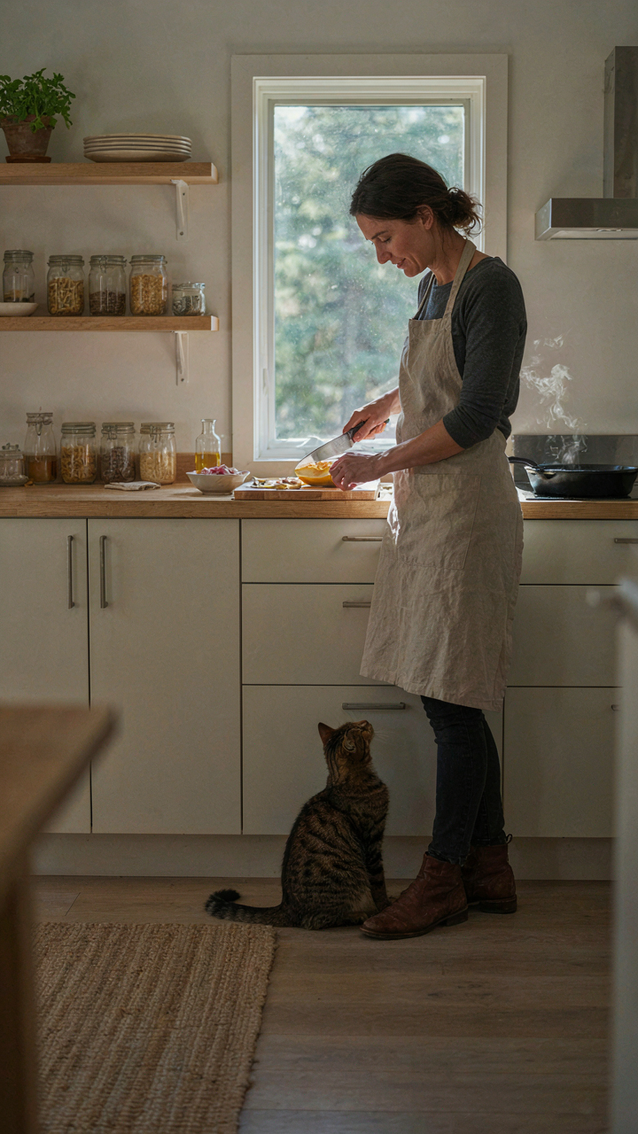 A person efficiently works in a minimalist, functional small cabin kitchen.