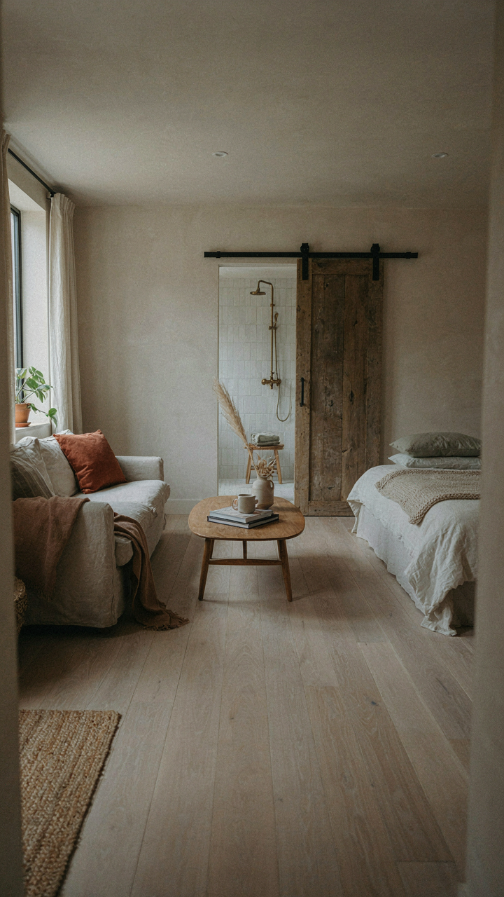 Minimalist interior of a small cottage guest house with a barn door.