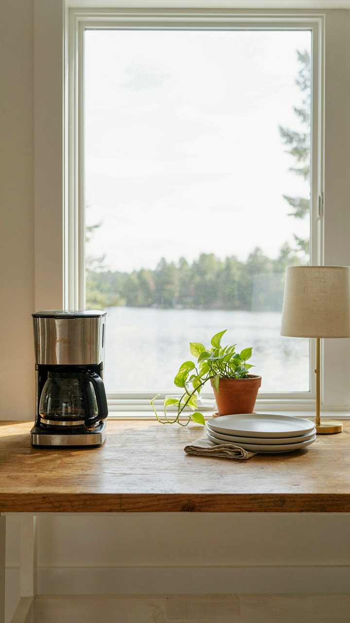 A minimalist lake cabin interior with a coffee maker, reading lamp, and plates on a counter.