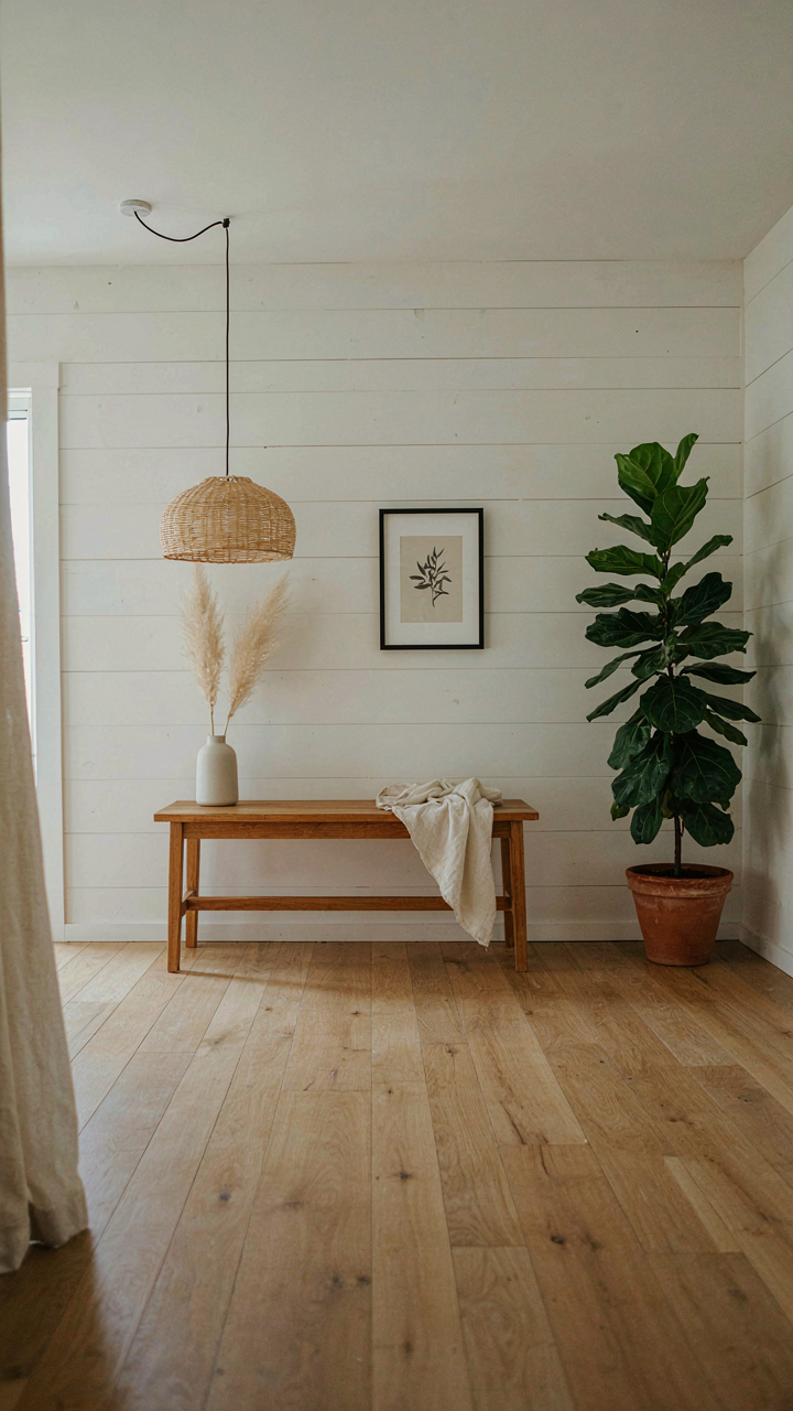 A minimalist small farmhouse interior with essential furniture and open floor space.