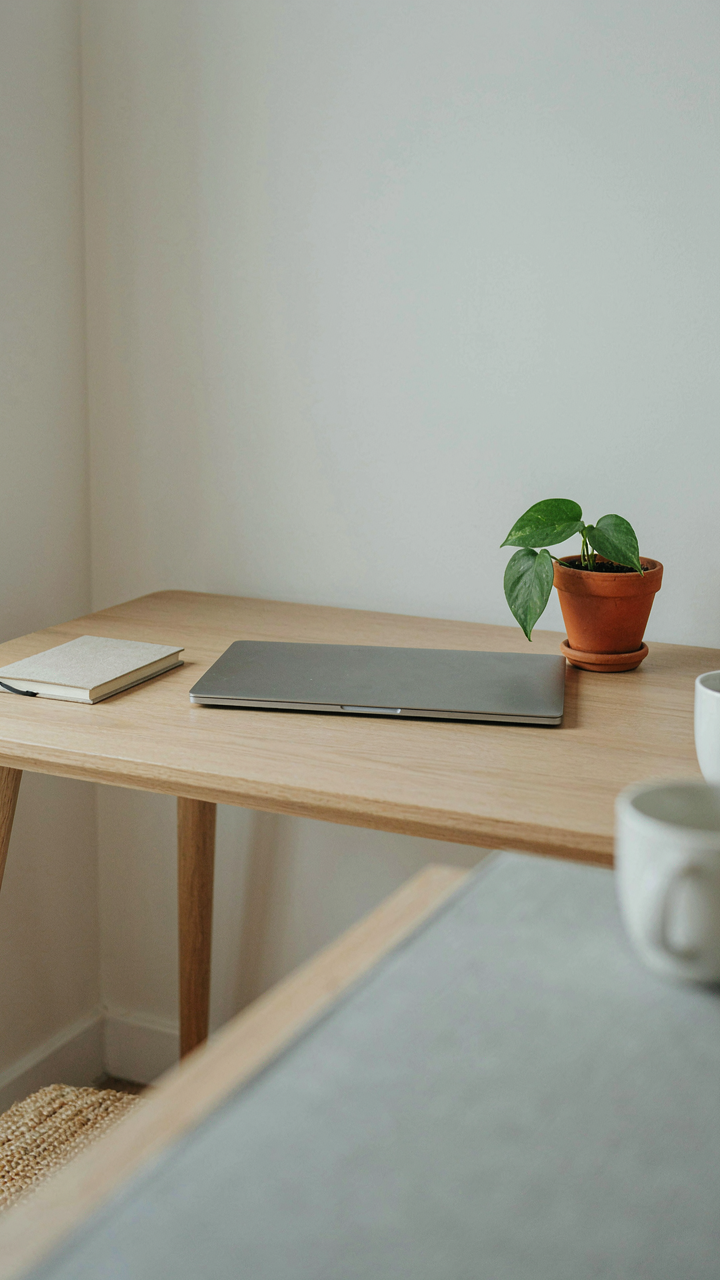 A small, minimalist desk with a laptop, plant, and notebook.