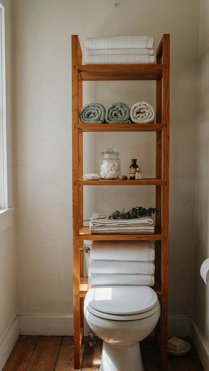 A tall shelving unit above a toilet in a tiny cabin bathroom.