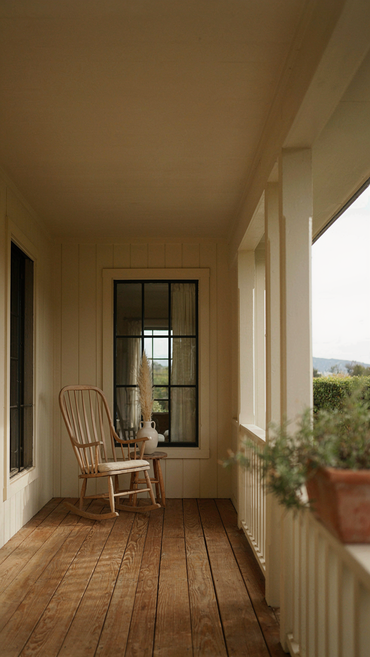 A minimalist ranch house porch with a single rocking chair and a small side table.