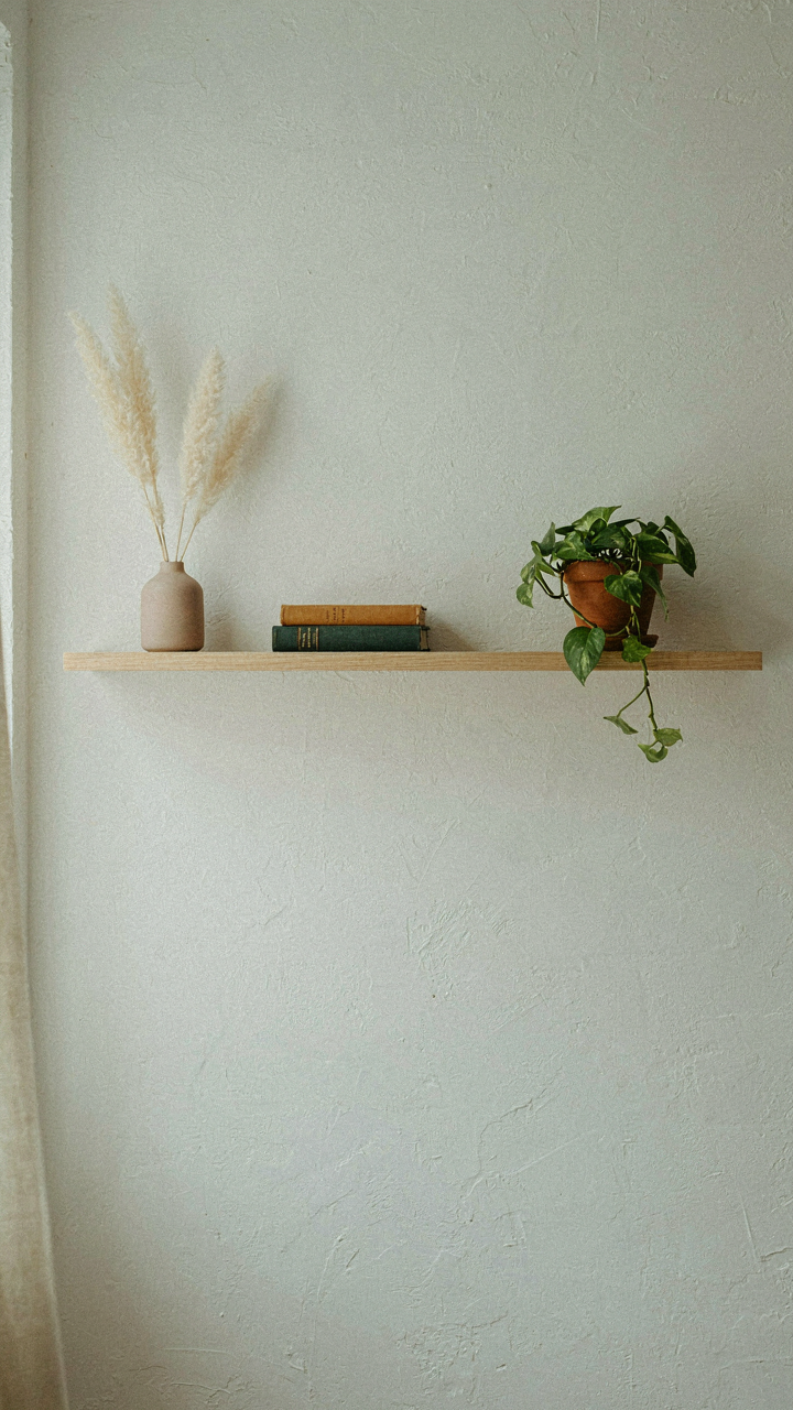A minimalist shelf in a one room cabin with only essential items, showing empty space.