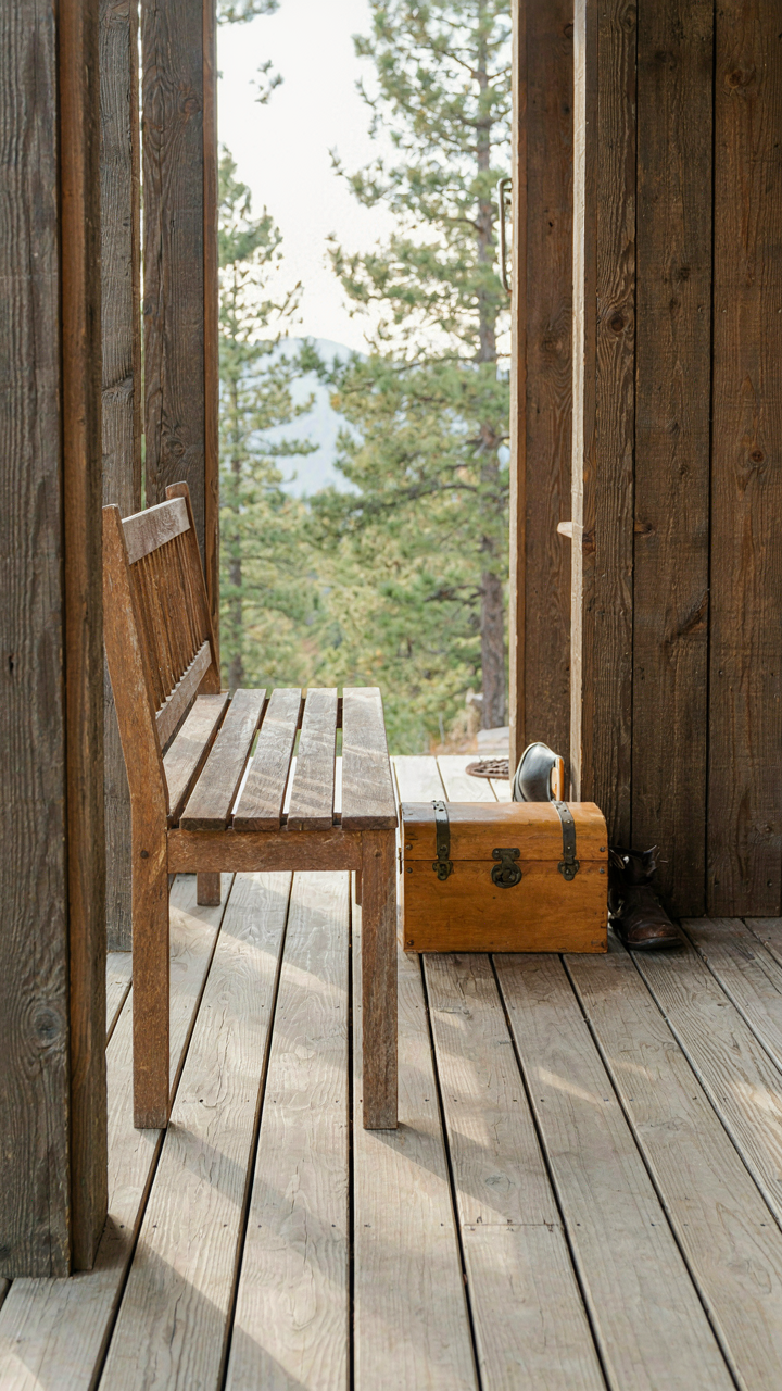A minimalist cabin porch with just a wooden bench and a lidded storage trunk.
