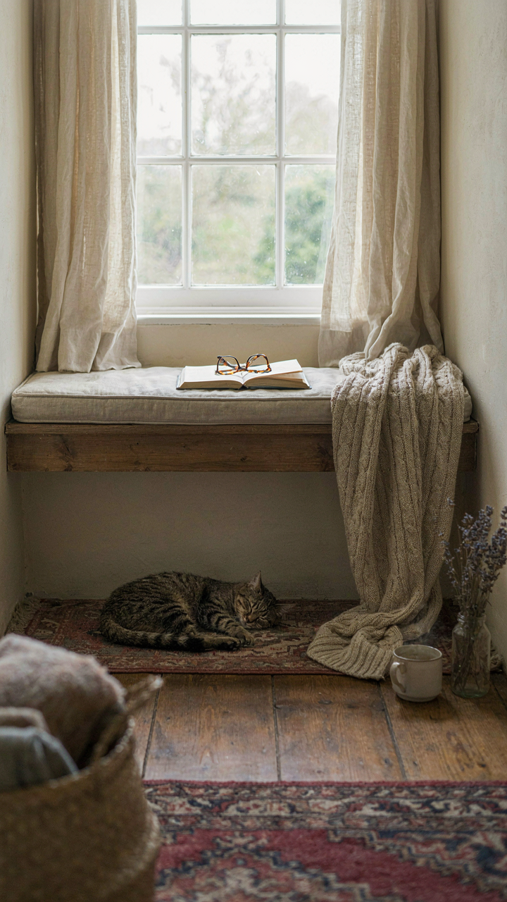 A tranquil reading nook with a built-in bench and an open book in a cottage bedroom.