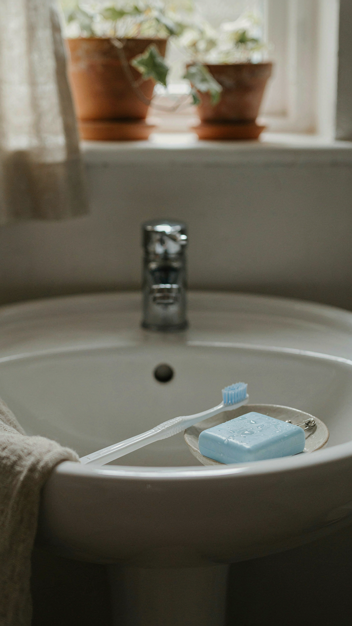 A toothbrush and a bar of soap on a clean sink in a tiny cottage bathroom.