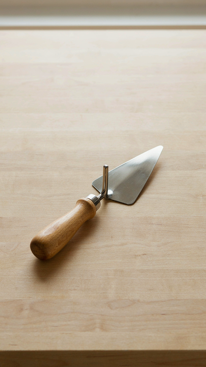 A single trowel rests on a very clean wooden workbench.
