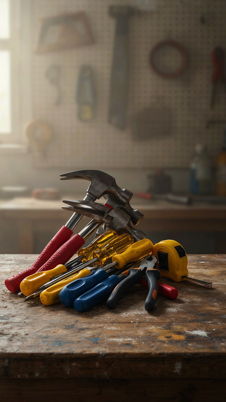 A small pile of duplicate tools, like hammers and screwdrivers, for decluttering.