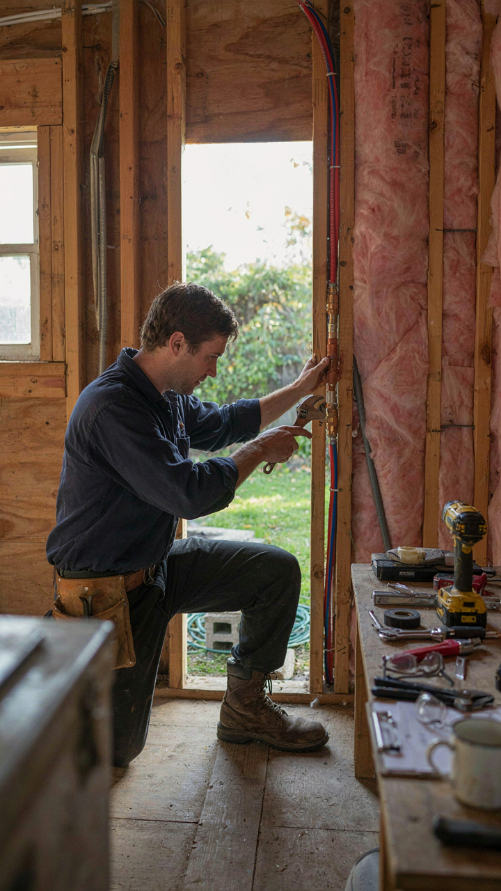 A plumber installs red and blue PEX pipes in the wall of a backyard cottage.