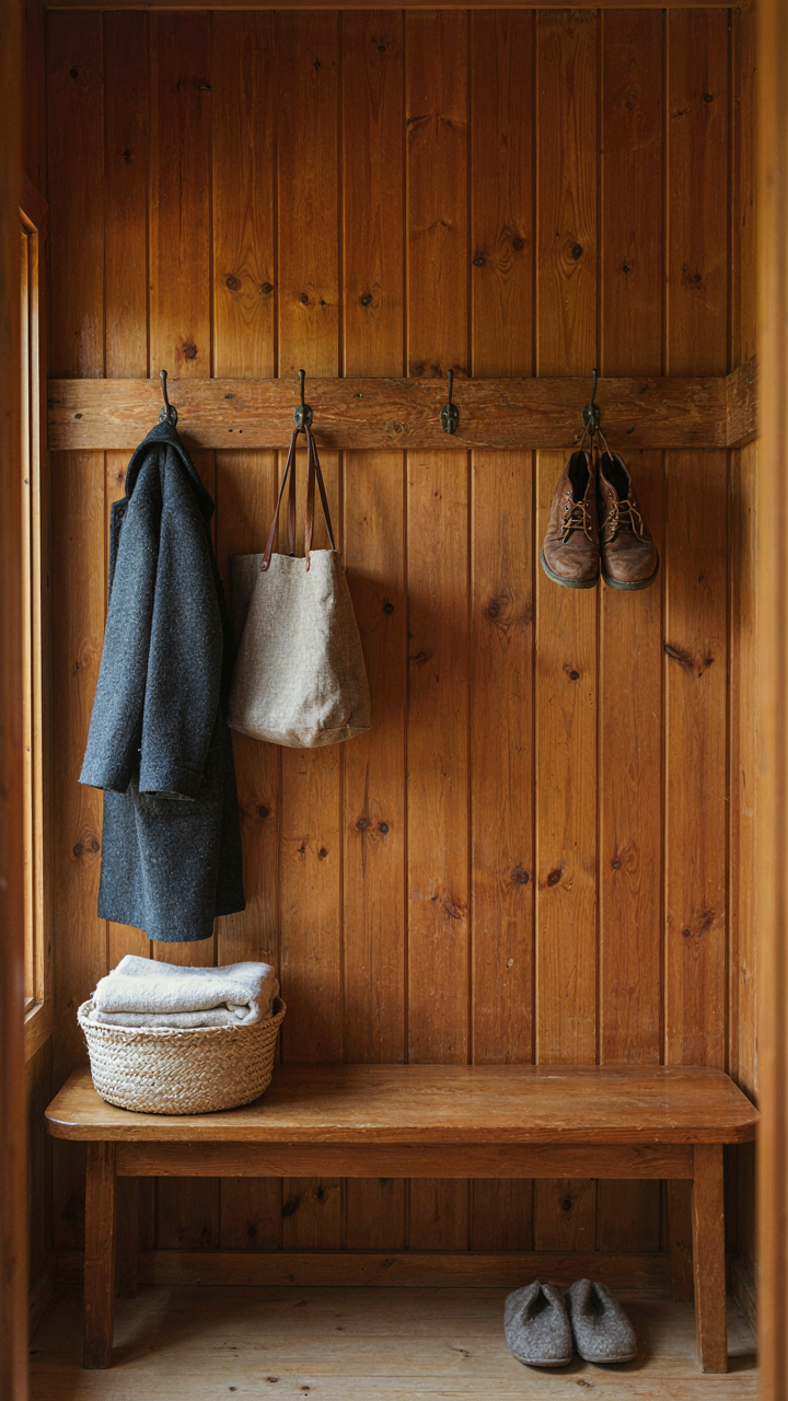 A modern cabin entryway with integrated timber rail, hooks, and bench on one wall.