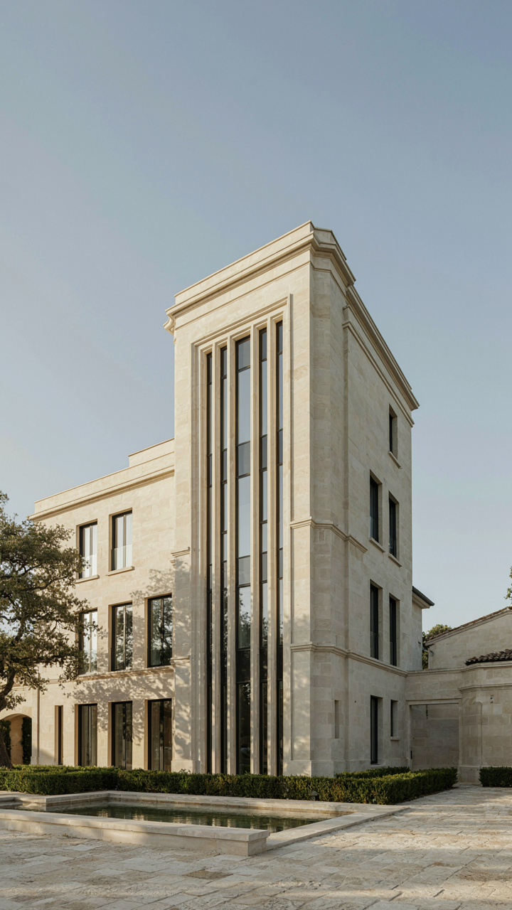A modern building uses stone and varied heights to evoke a chateau's grandeur.