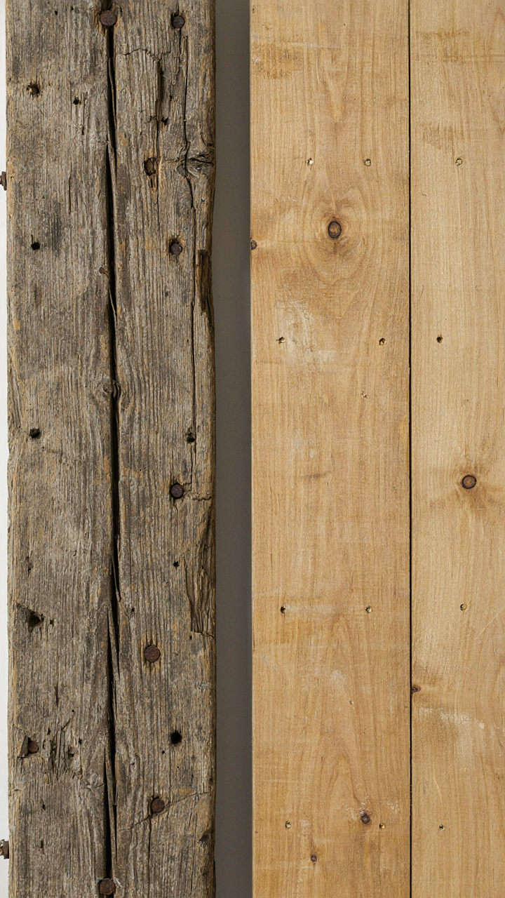 A genuine reclaimed barn beam sits next to a new, distressed wood plank.