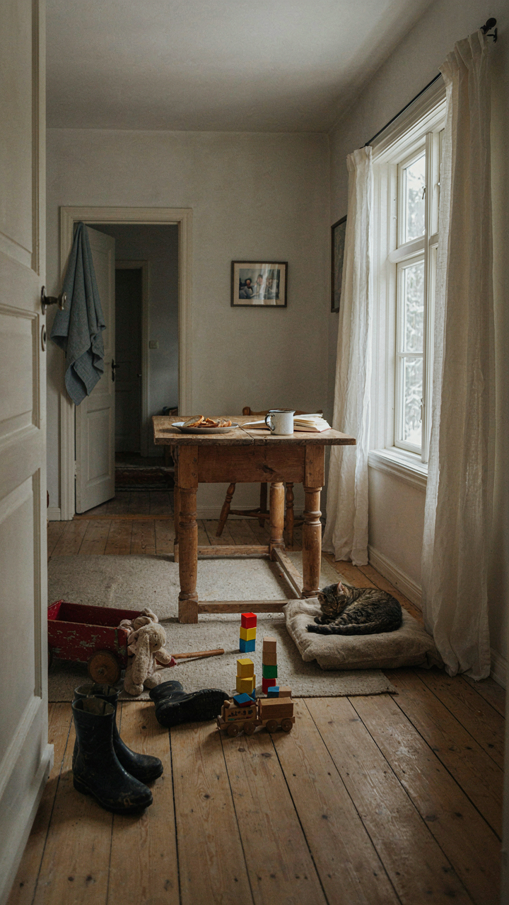 Cluttered, lived-in nordic cottage interior with toys and wet boots.
