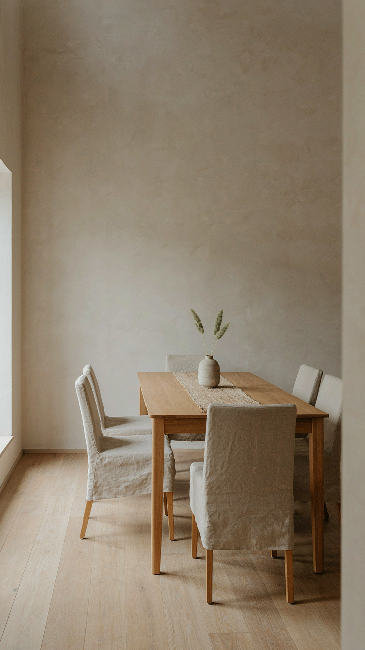A modern cottage dining room showing a clean wooden table and a bare wall.
