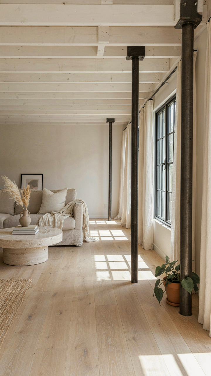 Inside a modern farmhouse ranch with exposed ceiling joists and support columns.
