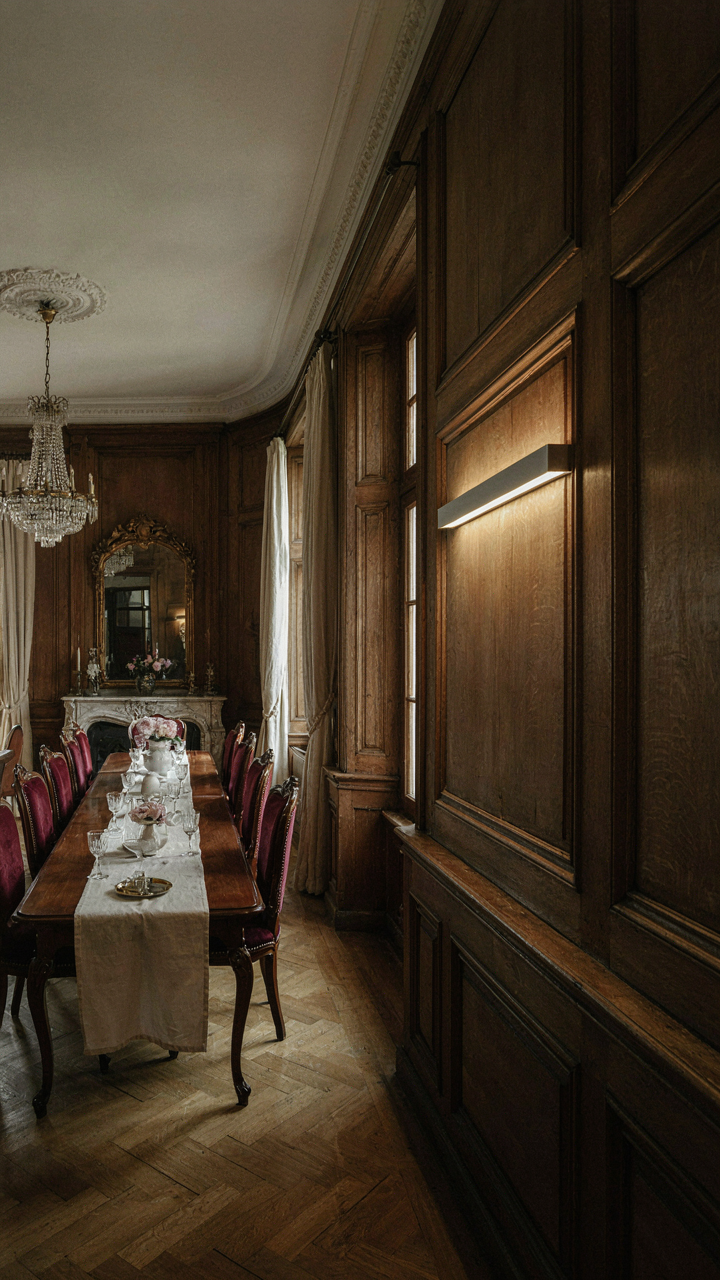 A Victorian dining room has dark wood and a modern lighting panel on one wall.