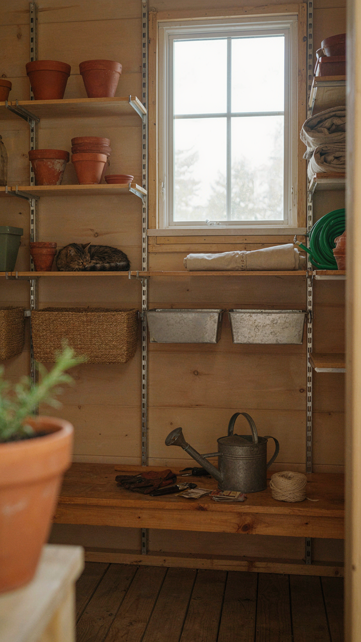 A modular storage system in a garden shed with adaptable shelves and bins.