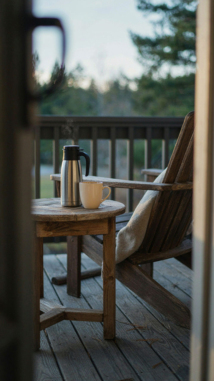 A coffee carafe and mug are ready on a small table by a porch chair.
