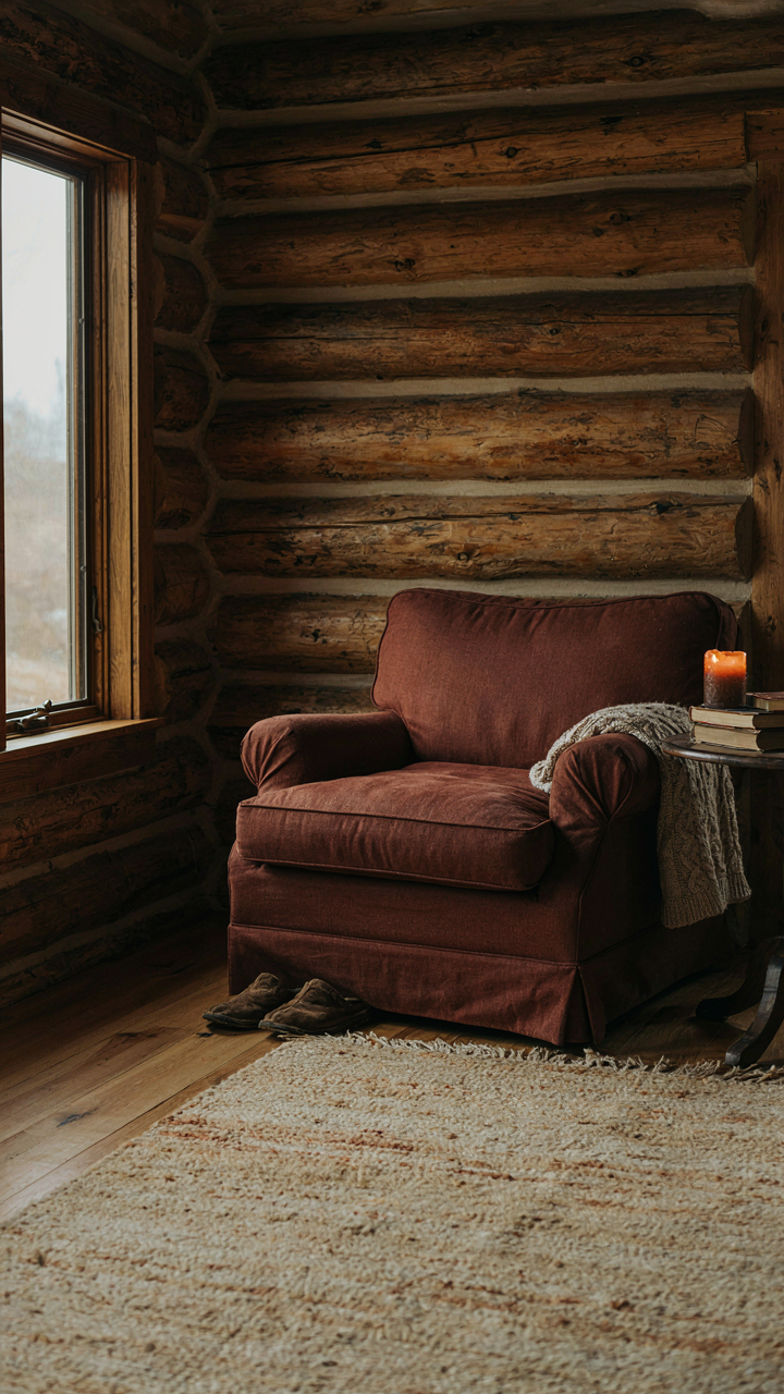 A thick wool rug covers a wooden floor in a cozy log cabin living room.