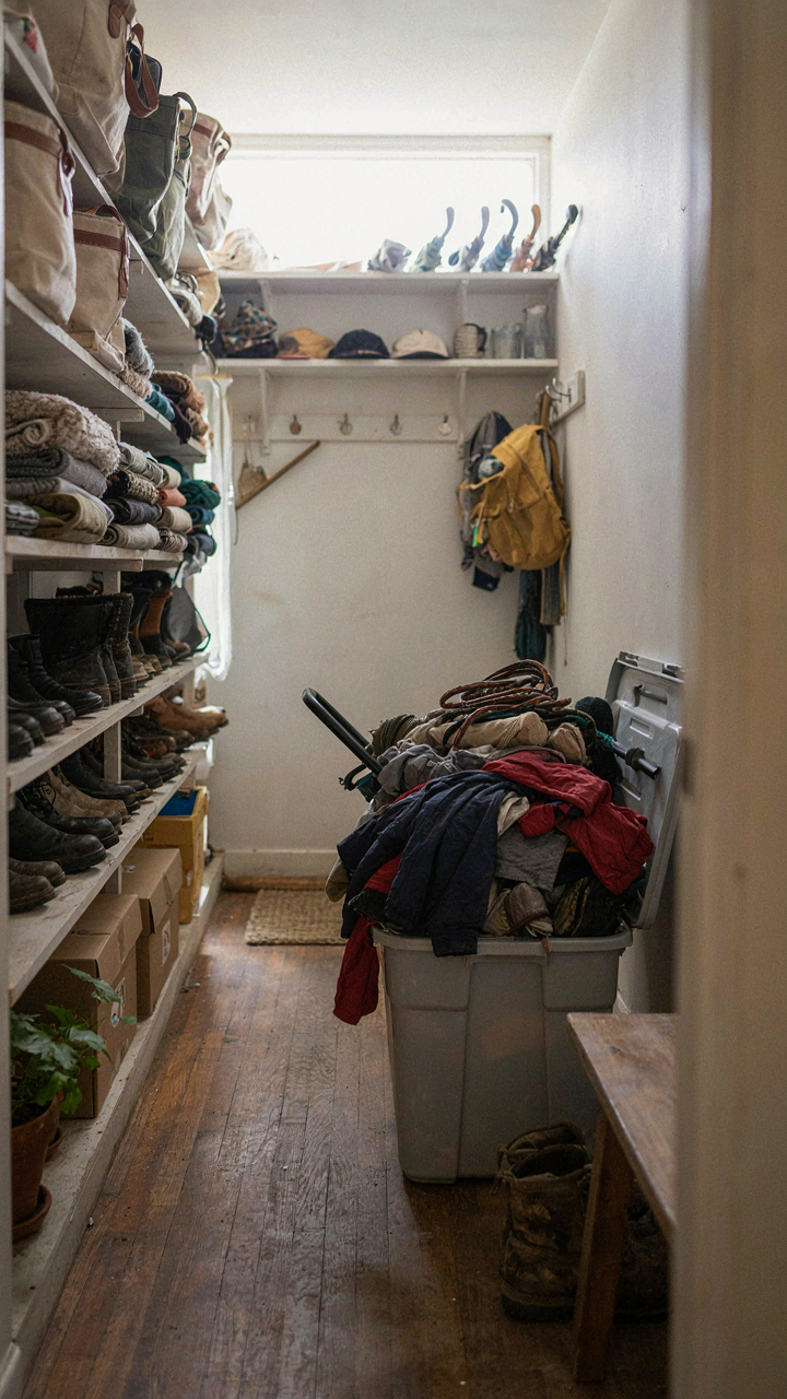 An overflowing mudroom with shelves and a bin stuffed to capacity, blocking the path.