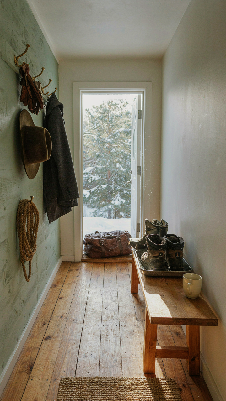 A small cabin entryway with vertical storage, hooks, and a bench with a boot tray.