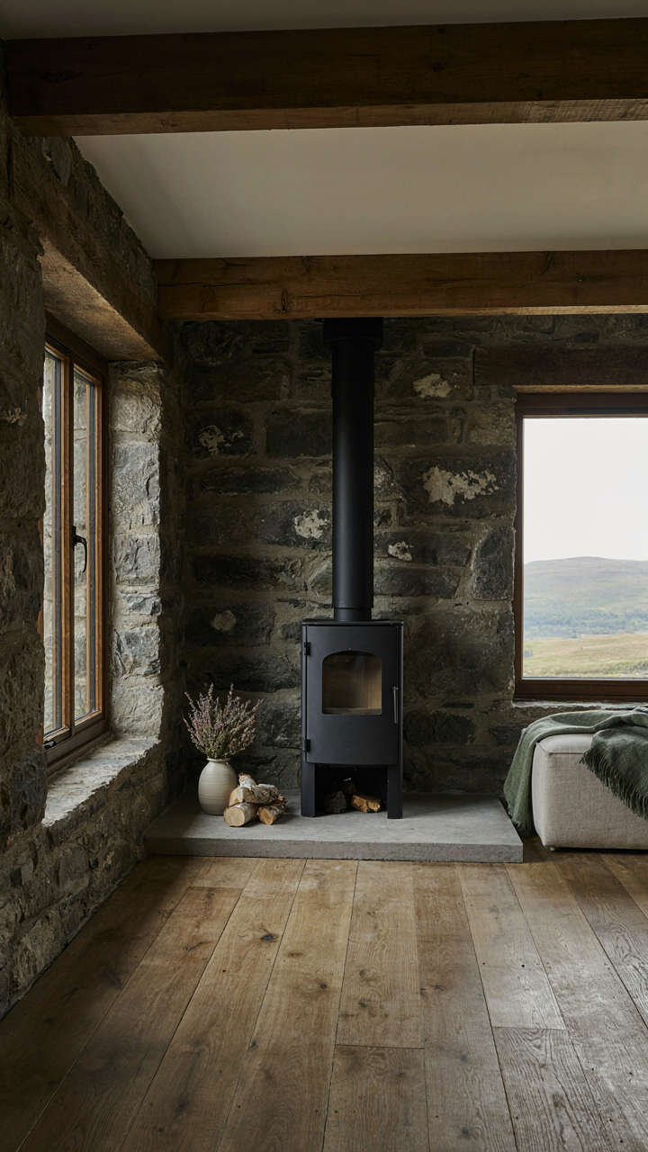 A modern scottish cottage interior with stone walls, exposed beams, and a wood stove.