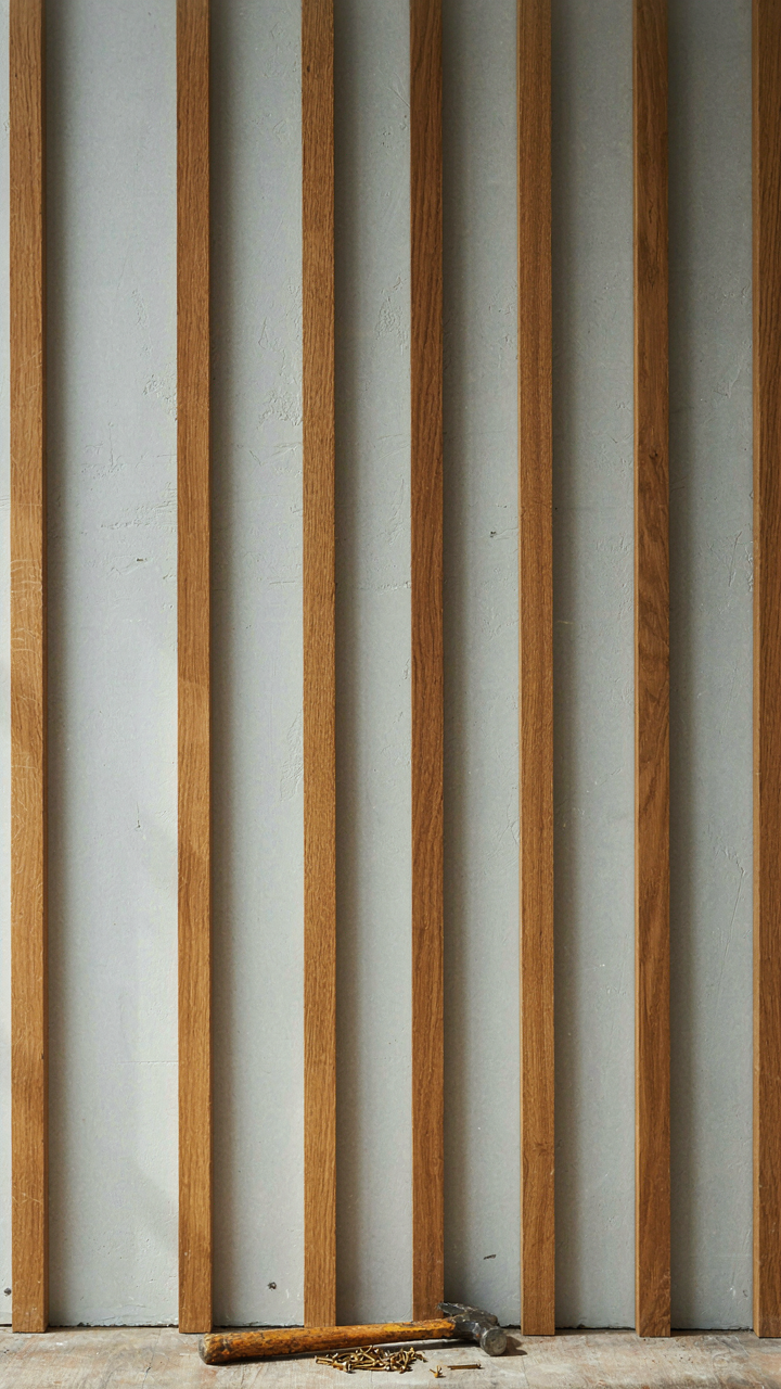 Decorative timber strips nailed to drywall on a modern wall.