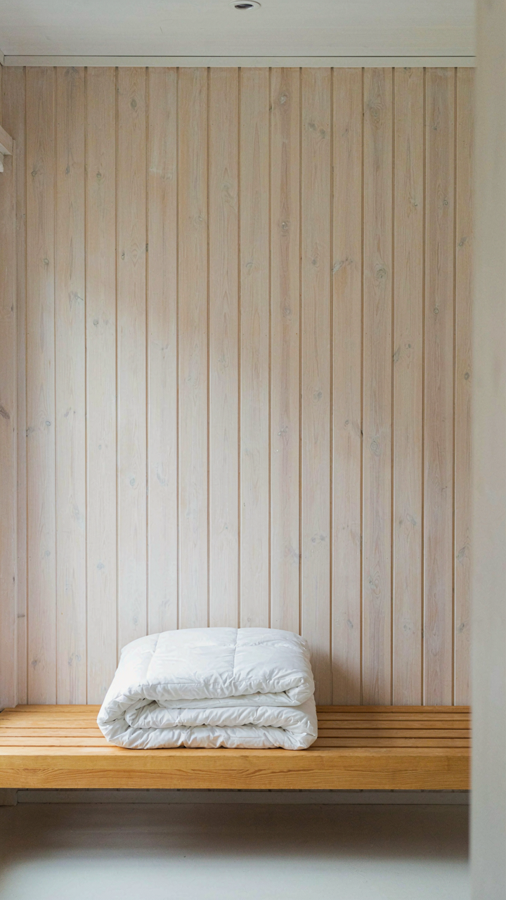A white thermal blanket neatly folded on a light wood bed frame.