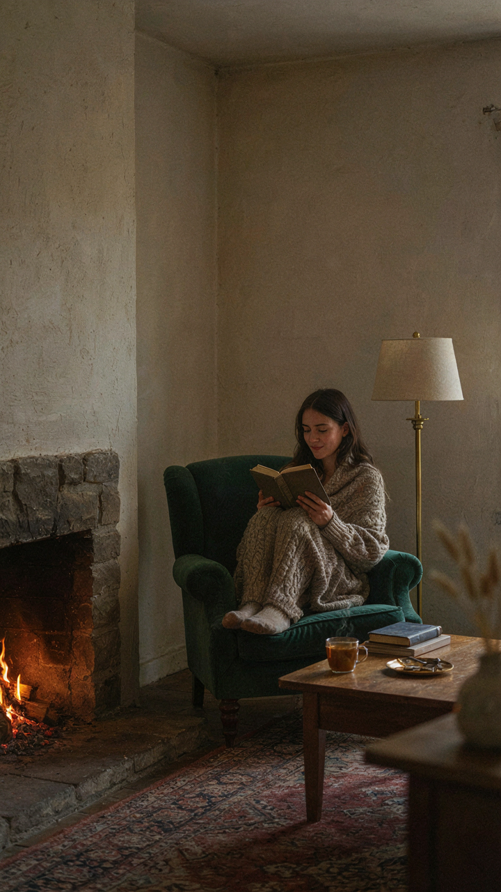 A person reads in a cozy living room with a fire, showcasing small room efficiency.