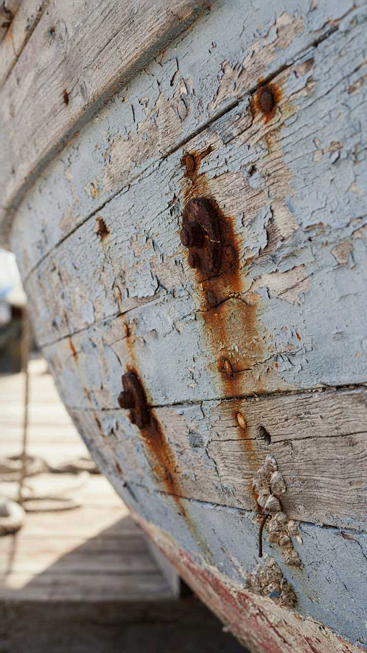 Close-up of a weathered fishing boat hull, showing flaking paint, barnacles, and rust.