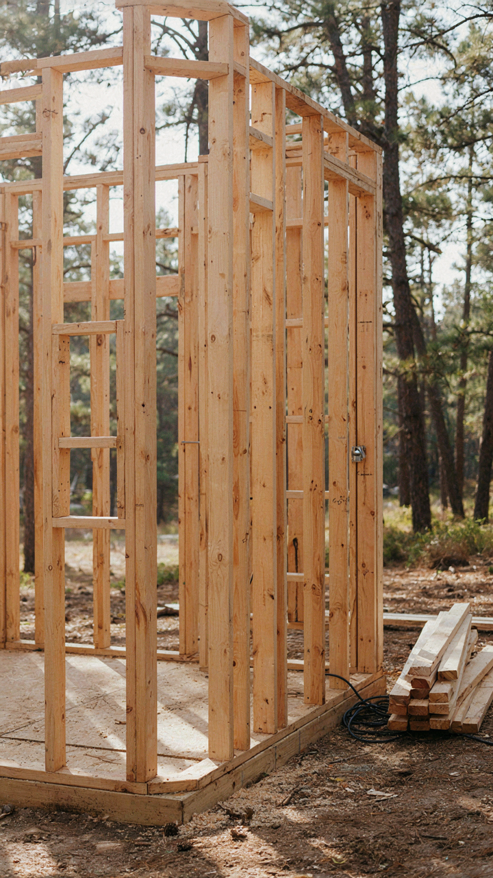 A partially built tiny cabin bedroom shows integrated wall niches and a closet space.