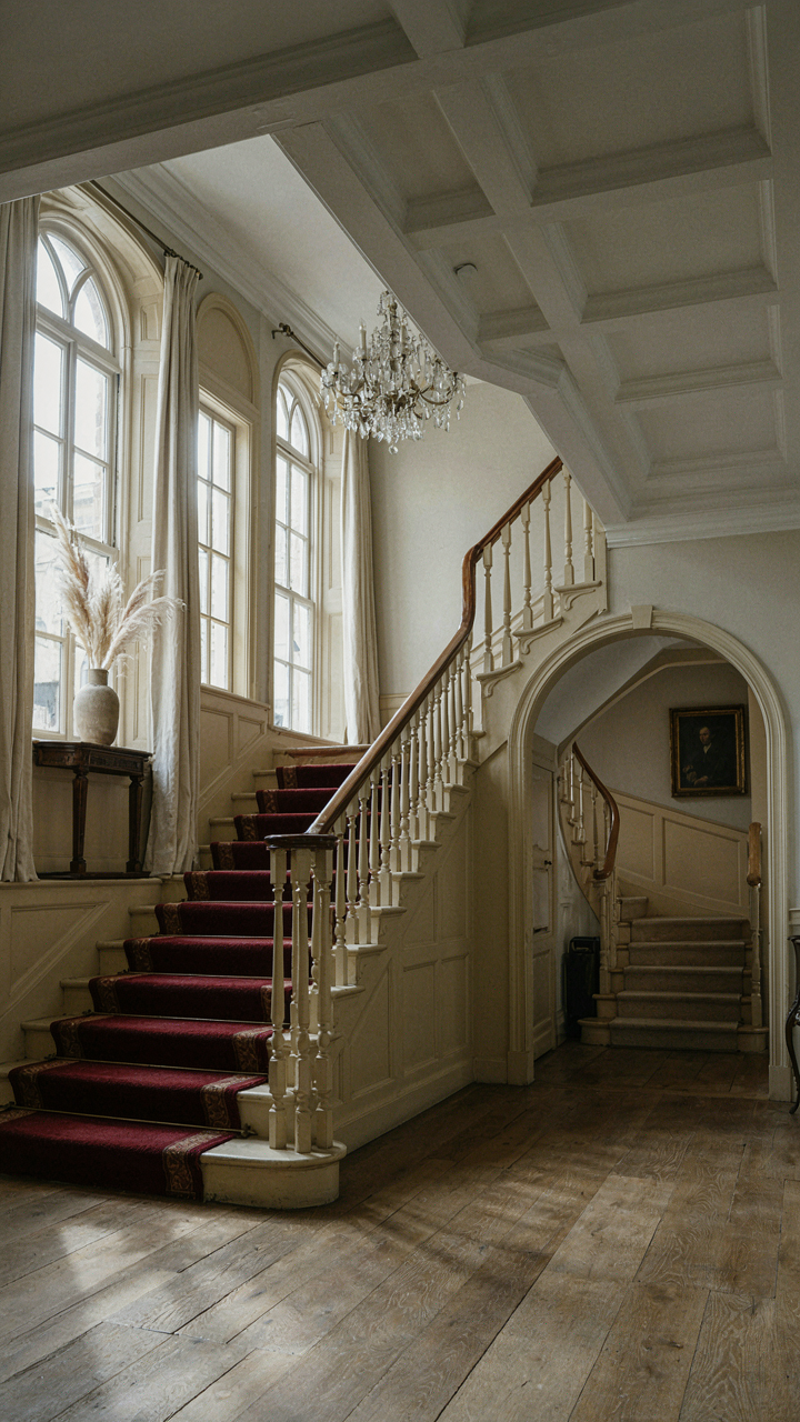 A grand front staircase and a hidden, winding back staircase in a colonial house interior.