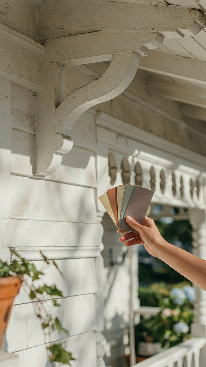 A hand holds color swatches against a bungalow's detailed trim in sunlight.