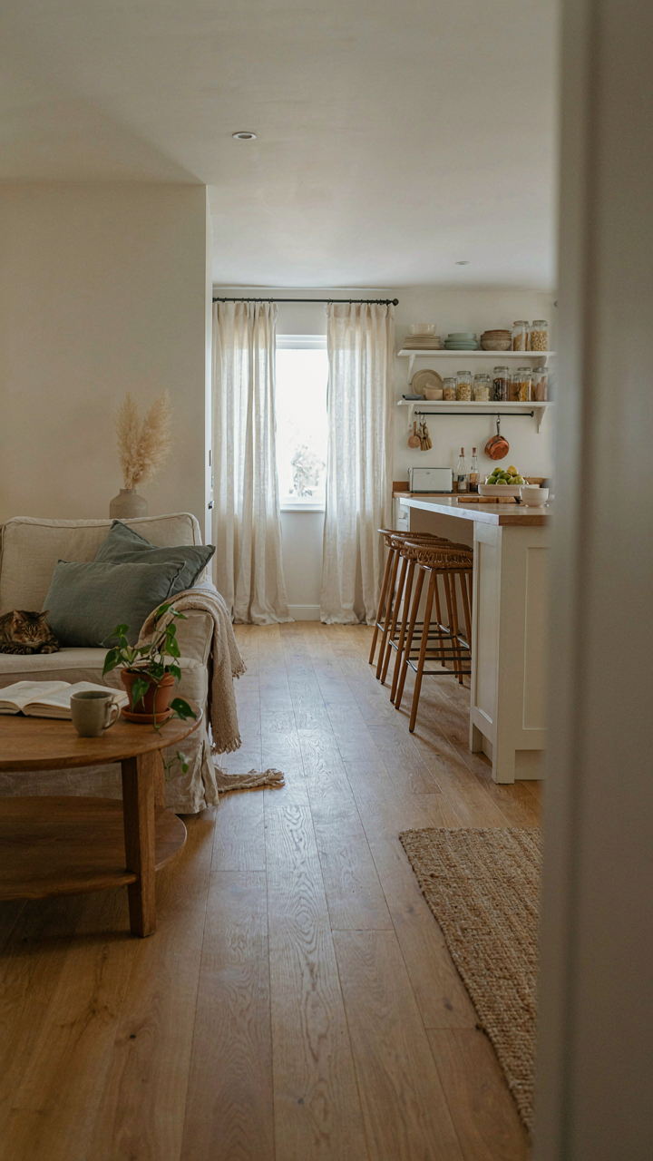 An open concept living room and kitchen in a compact cottage.
