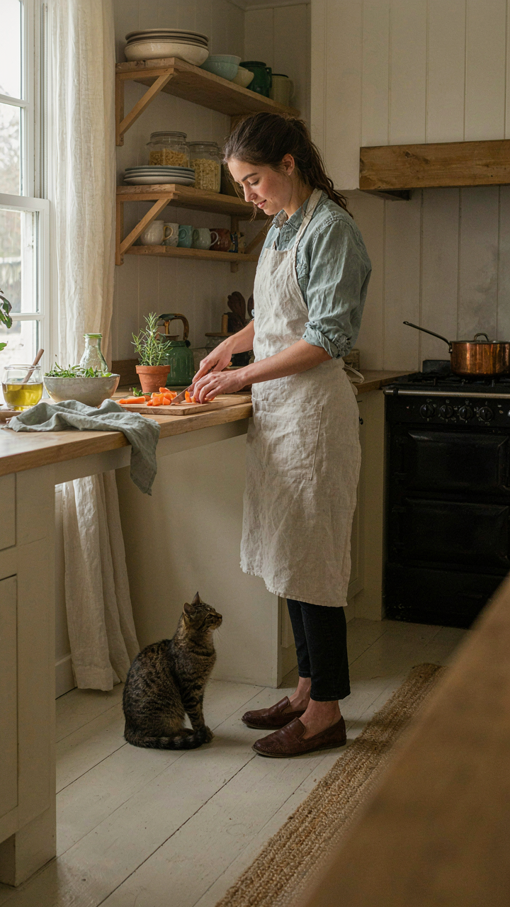 A compact, highly efficient kitchen in a small farmhouse with open shelving.