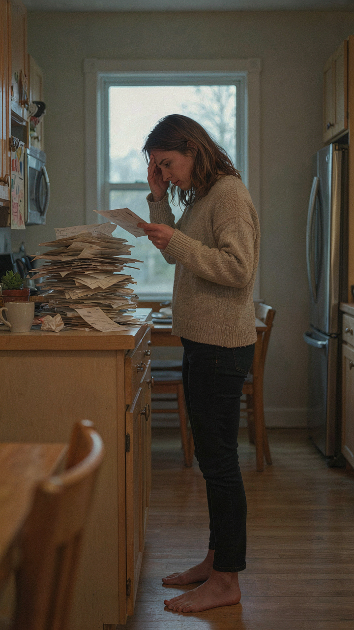 Person looking overwhelmed by stacks of unpaid HVAC bills in a large, empty house.