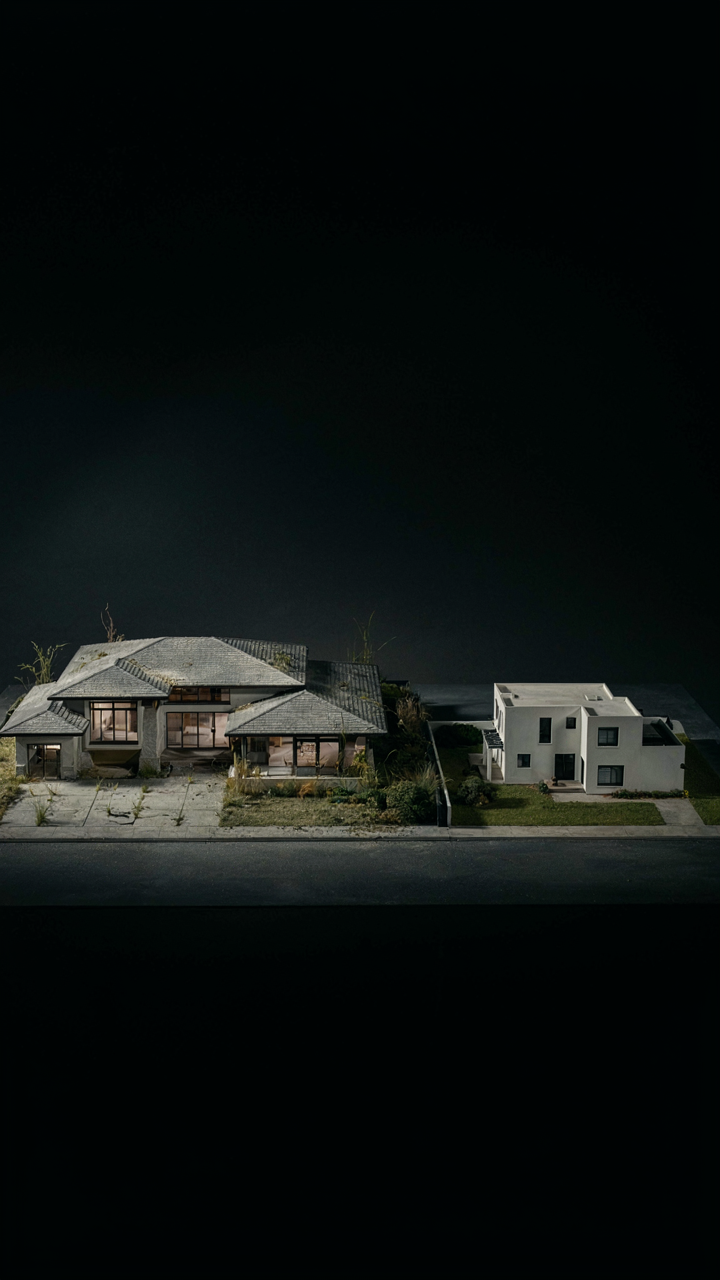 A dusty, overgrown large house model next to a smaller, tidy one.
