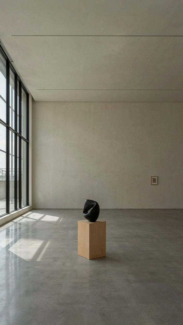 A minimalist art gallery with one sculpture and lots of empty space.
