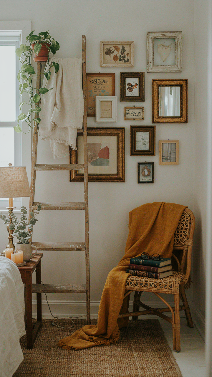 A cluttered bedroom corner filled with too many decorative items on the wall and floor.