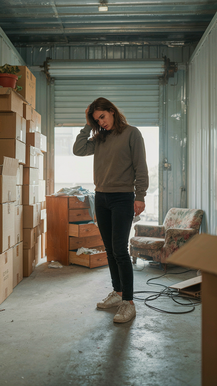 A person looks stressed inside a crammed storage unit full of boxes and old furniture.