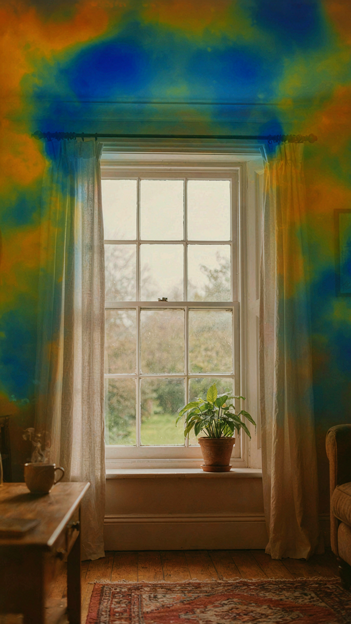 A thermal camera shows cold spots around a bungalow interior window frame.