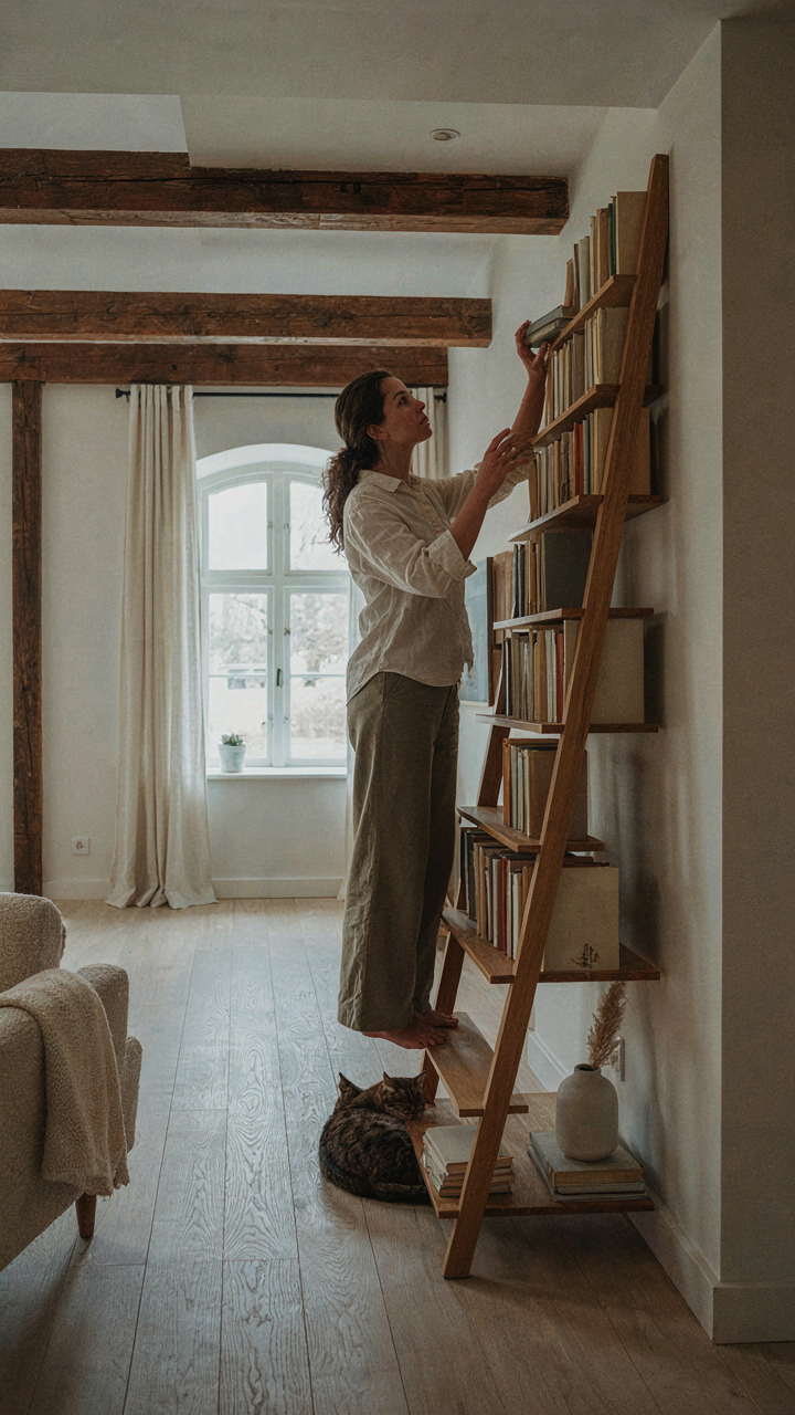 A minimalist farmhouse loft with a person organizing books on a ladder shelf.